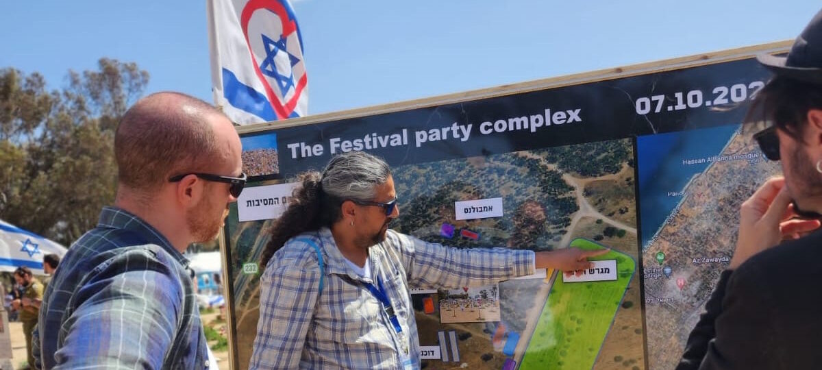 Tour guide and survivor Amit Musaei explaining the map of Sderot to two participants on the Gaza Border Reality Tour near a security wall.